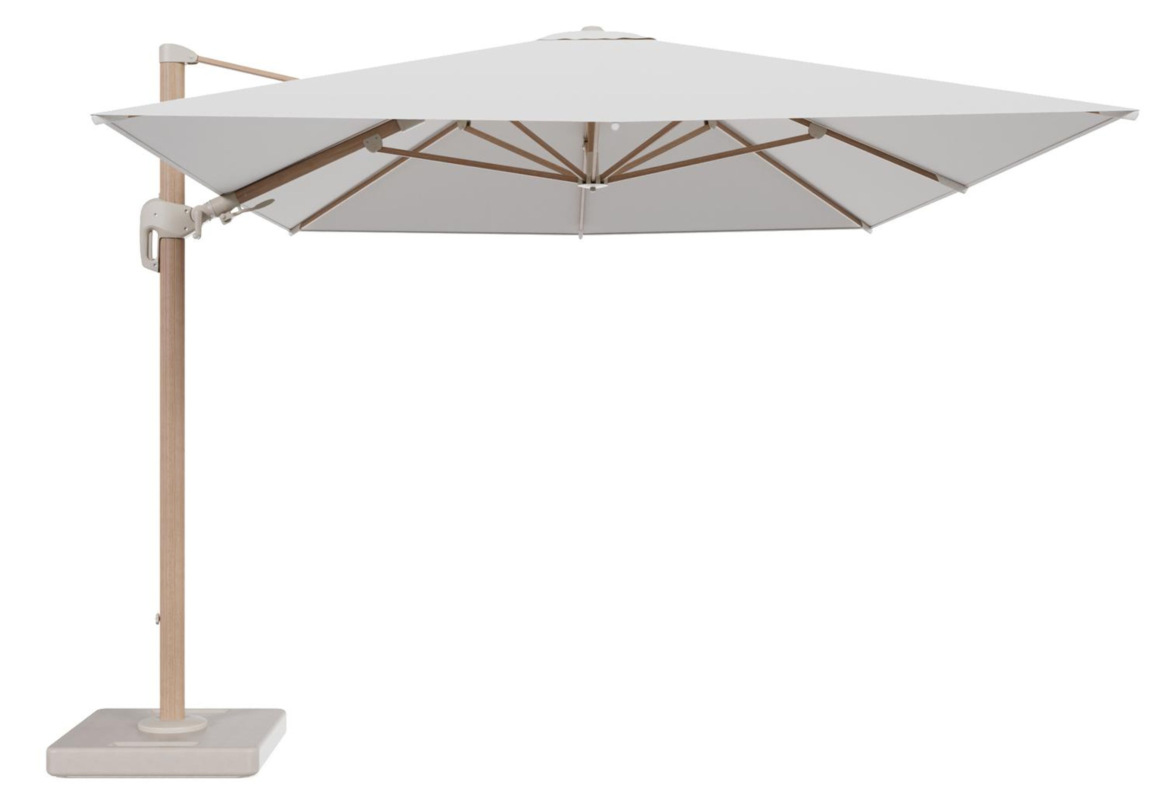 Rufina zweefparasol tiltfunctie in houtlook aluminium en parasoldoek in All Weather Solica Soul Optik - L1 400 x L2 300 cm met parasolvoet Lapido 160 kg