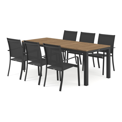 Varese tuinset in zwart aluminium en naturel teak tafelblad met 6 stapelbare Calobra tuinstoelen