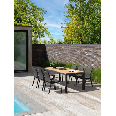 Varese tuinset in zwart aluminium en naturel teak tafelblad met 6 stapelbare Madura tuinstoelen
