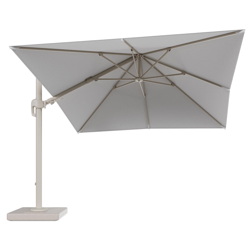 Parasol pendant Rufina avec fonction tilt en aluminium beige et toile de parasol en All Weather Solica Ego Birch - Lg.1 300 x Lg.2 300 cm avec pied de parasol Lapido 160 kg
