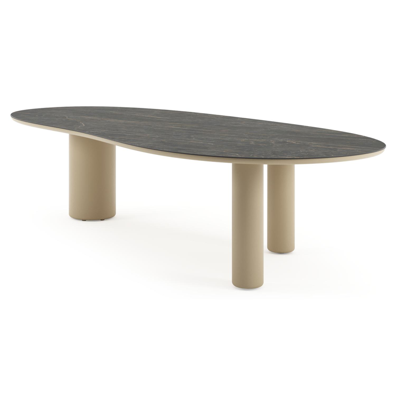 Table de jardin Amico organique en aluminium beige et céramique pleine Black Obsession - Lg. 320 x Lrg. 145 x Haut. 73.5 cm