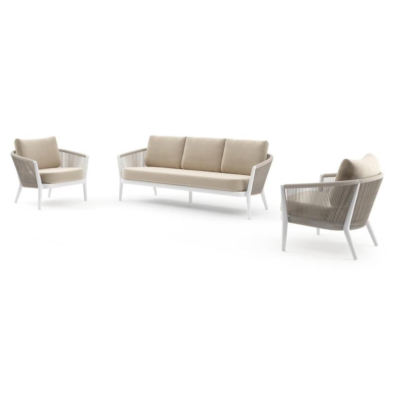 Orso loungeset in wit aluminium en beige verticaal geweven ronde rope met Althea Chalk all weather cosytica kussen
