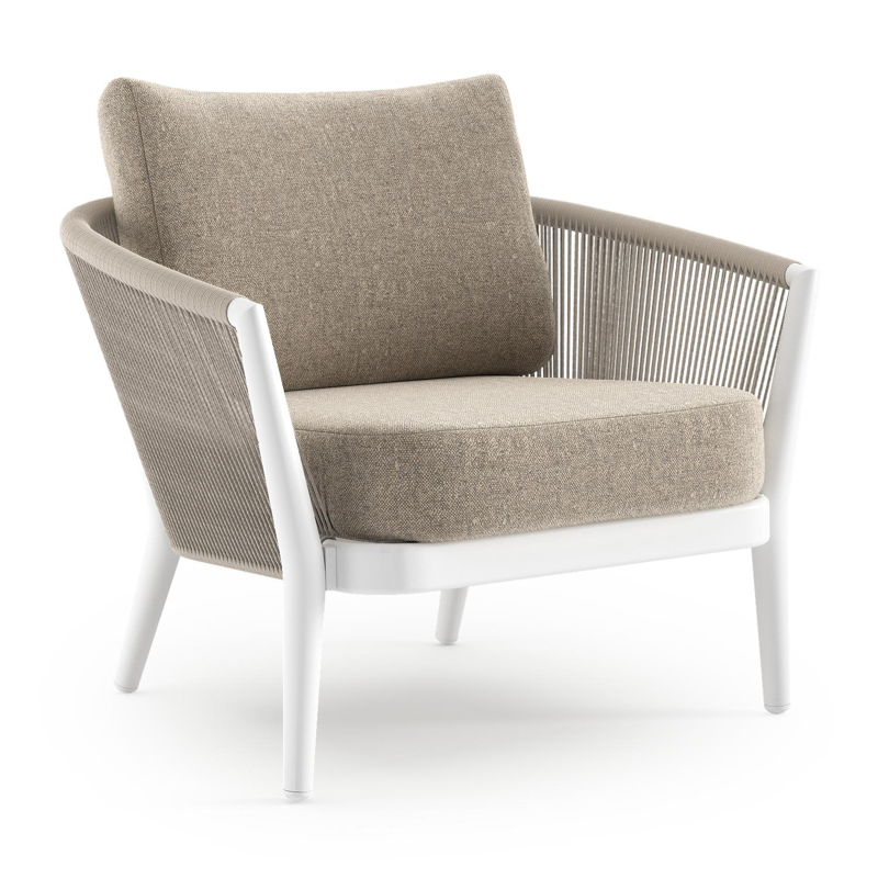 Orso loungestoel in wit aluminium en beige verticaal geweven ronde rope met Chartres Pewter all weather sunbrella® luxe kussen