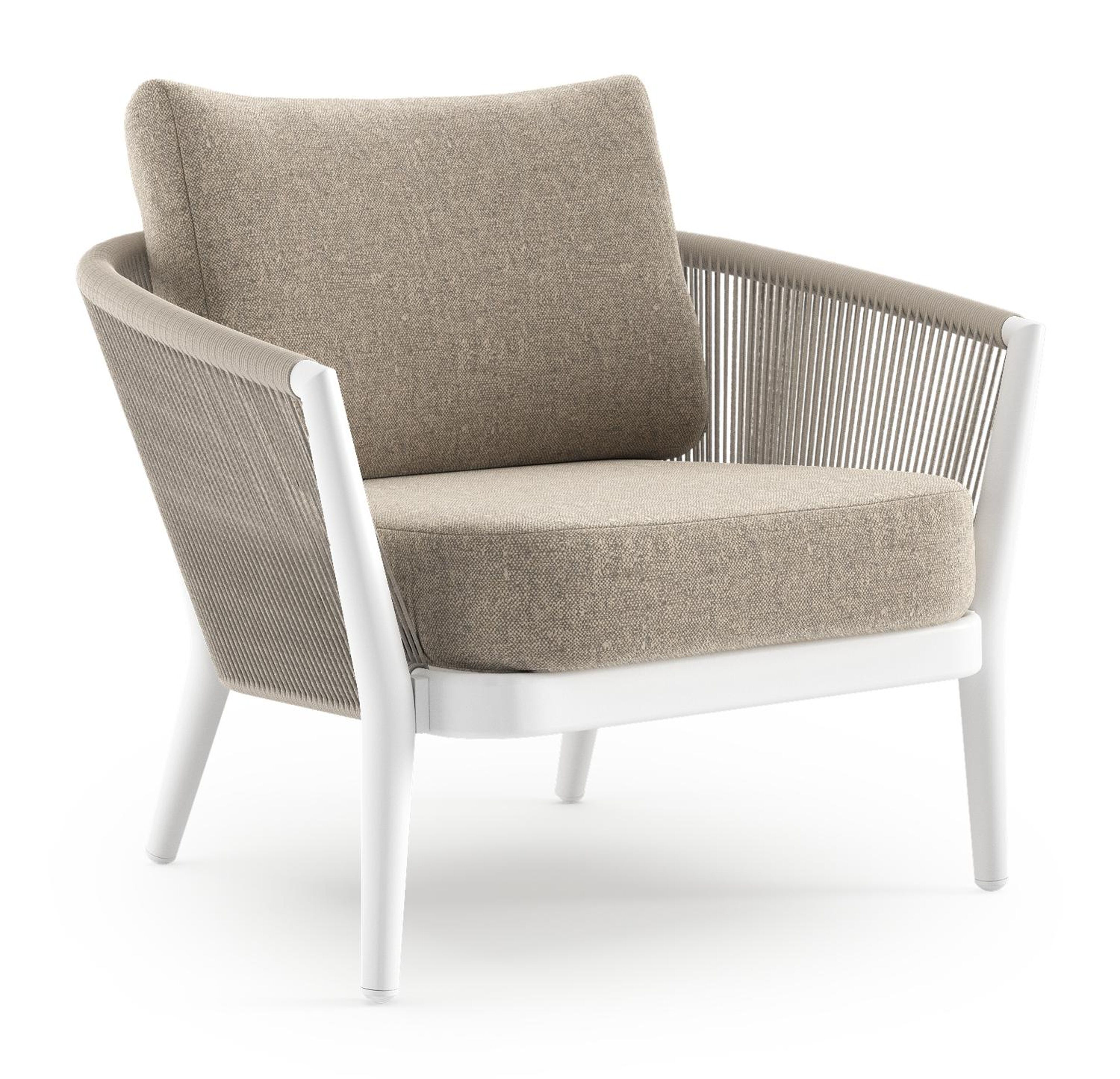 Orso loungestoel in wit aluminium en beige verticaal geweven ronde rope met Chartres Pewter all weather sunbrella® luxe kussen