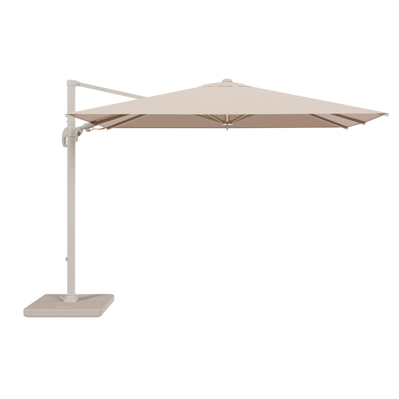 Avola zweefparasol met tiltfunctie in beige aluminium en Natte Linen Chalk Sunbrella Premium parasoldoek - L1 200 x L2 300 cm met parasolvoet Pedito 120 kg