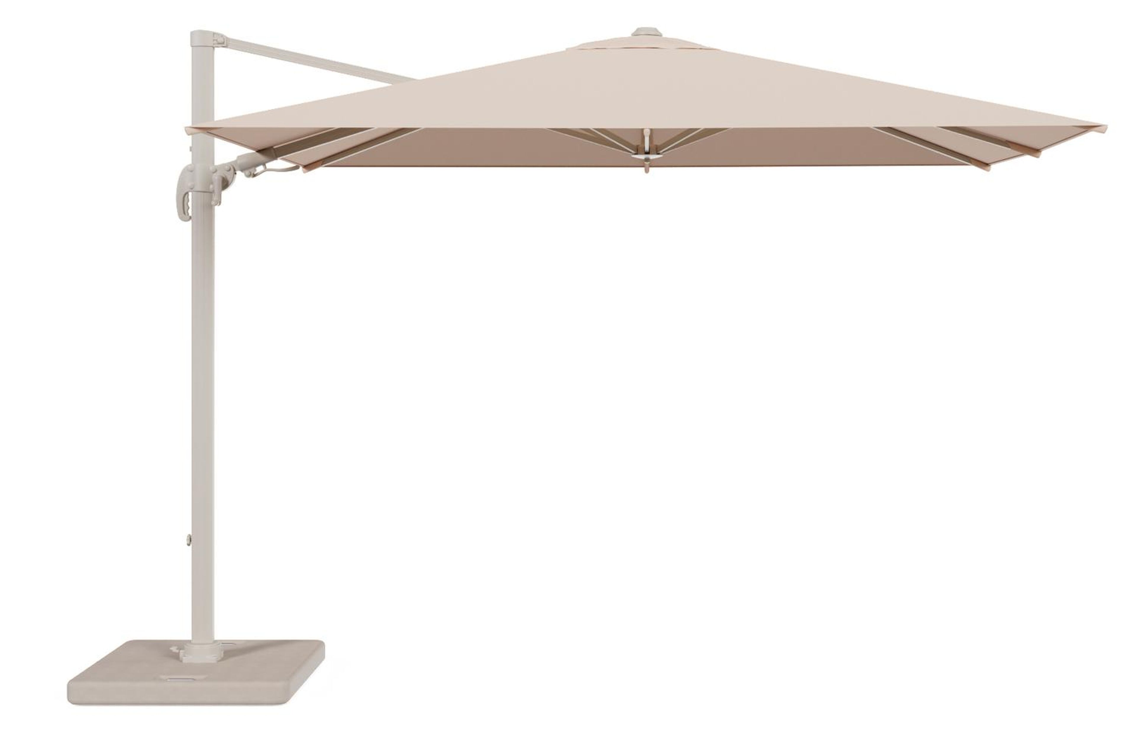 Parasol pendant Avola avec fonction tilt en aluminium beige et toile de parasol Sunbrella Premium Natte Linen Chalk - Lg.1 200 x Lg.2 300 cm avec pied de parasol Pedito 120 kg