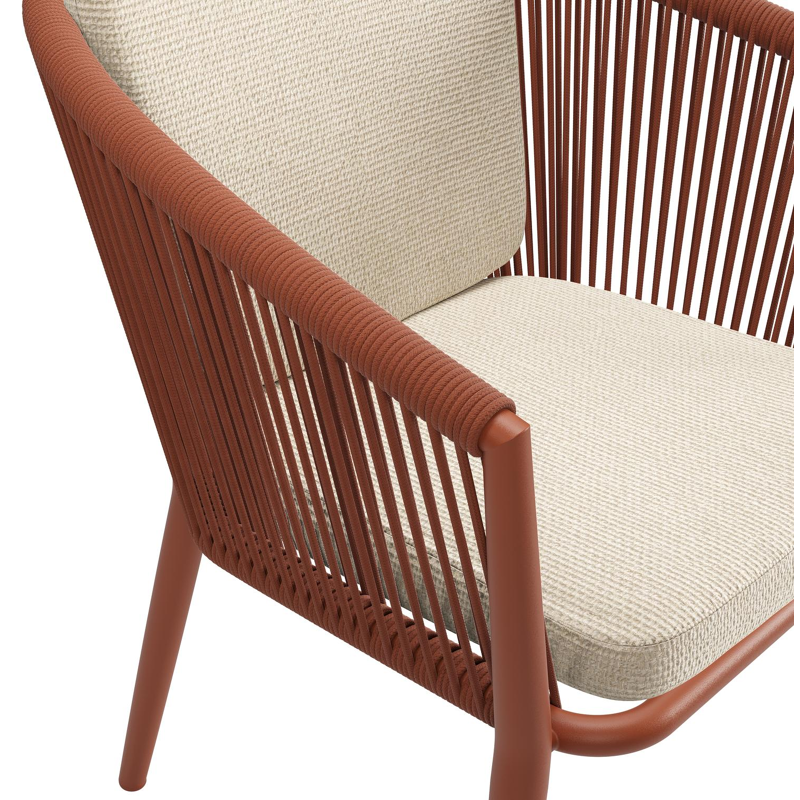 Orso tuinstoel in roestbruin aluminium en roestbruin verticaal geweven ronde rope met zitkussen in All Weather Cosytica Althea Chalk