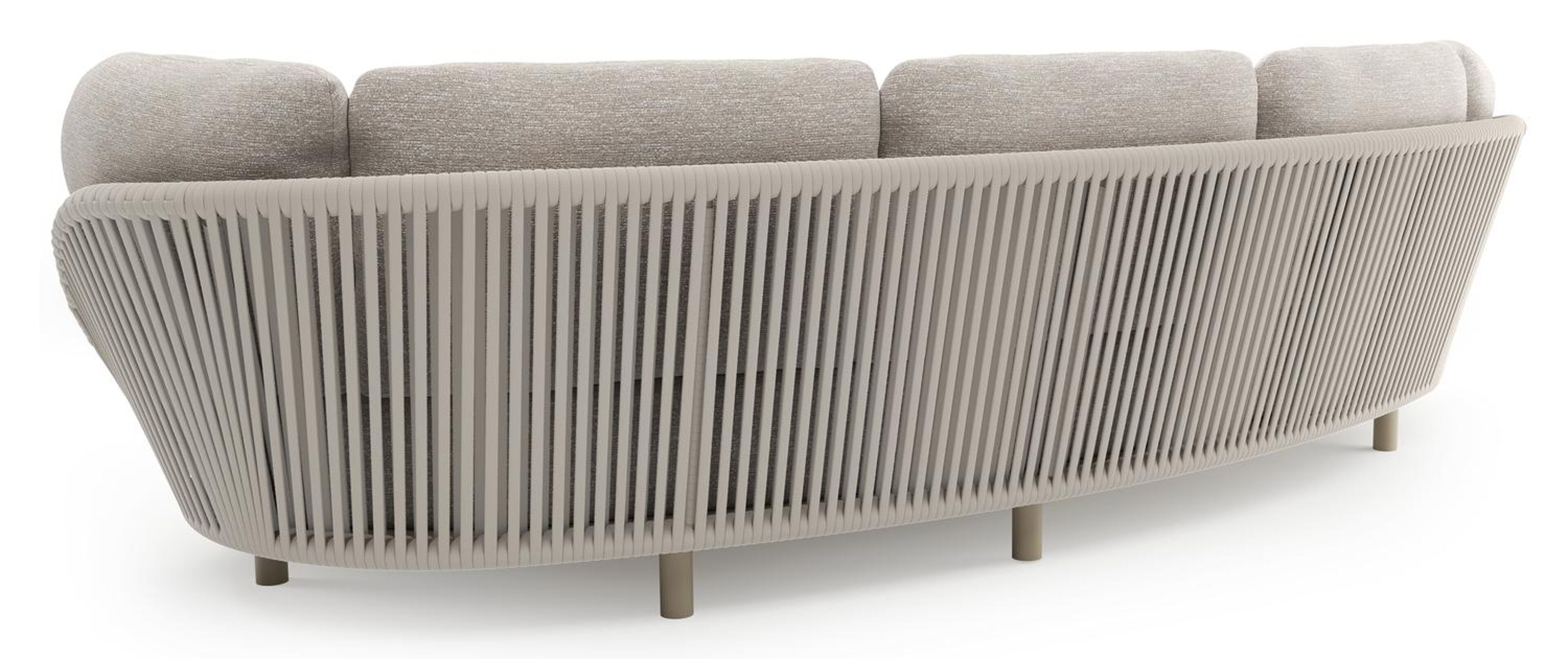 Salon de jardin Lupino en aluminium beige et corde large plate de luxe tissée verticalement beige et coussins en all weather sunbrella® luxe tundra sand