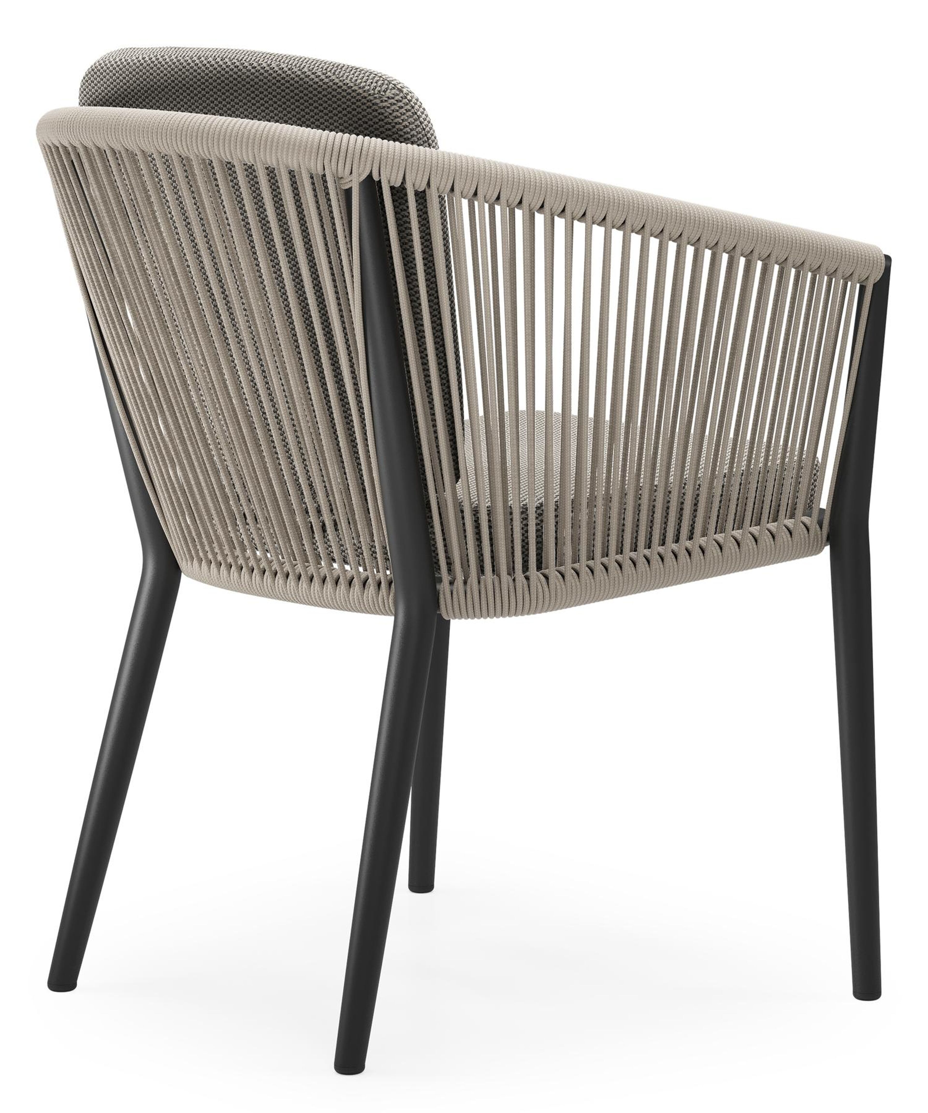 Orso tuinstoel in zwart aluminium en beige verticaal geweven ronde rope met zitkussen in All Weather Sunbrella® Luxe Lopi Charcoal