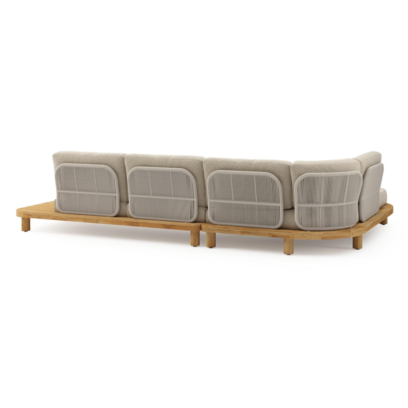 Donato loungehoek in teak en beige verticaal geweven ronde rope met all weather cosytica Bora Forest kussen