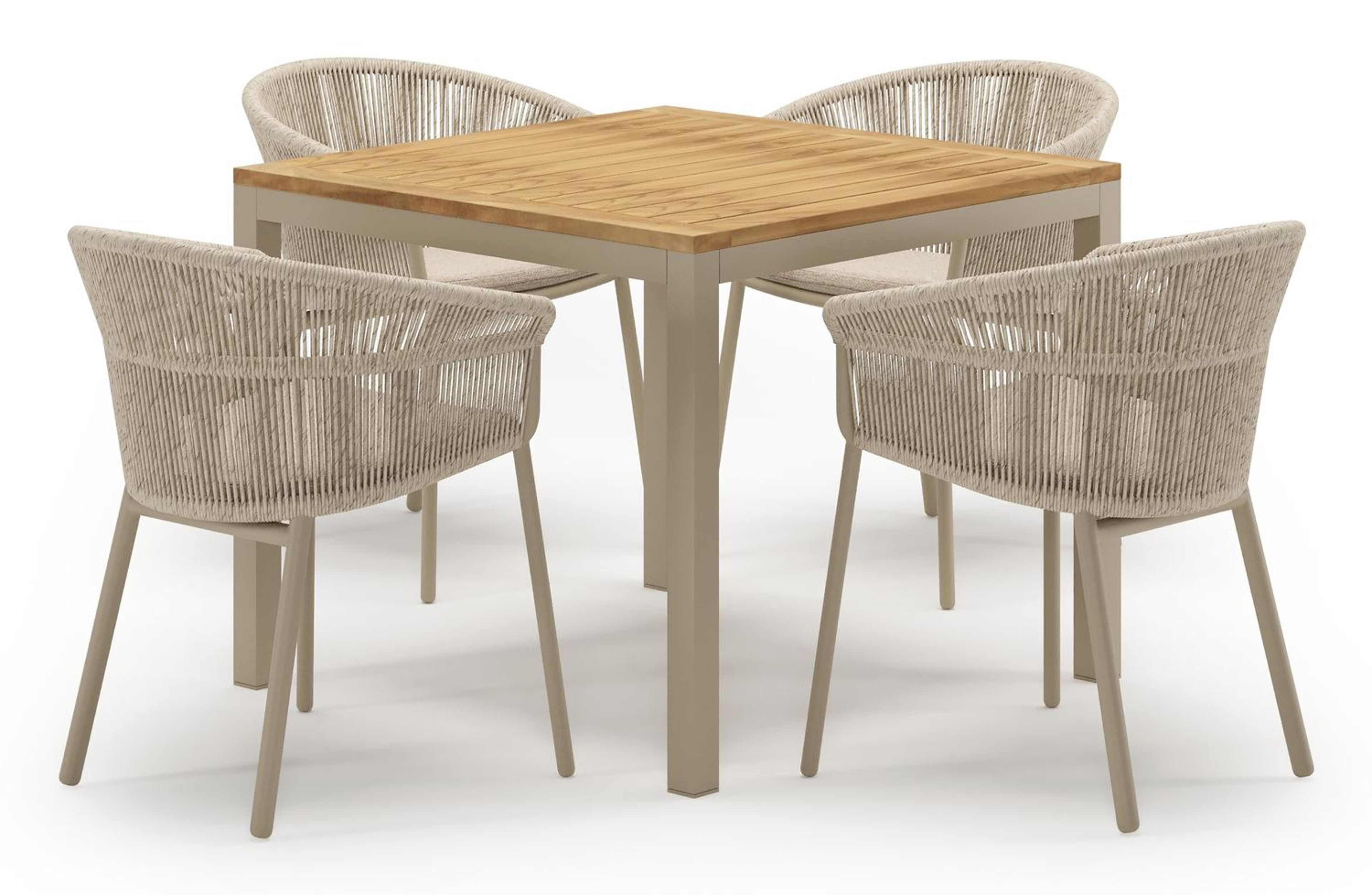 Feltro tuinset in beige aluminium en teak met 4 stapelbare Matera tuinstoelen