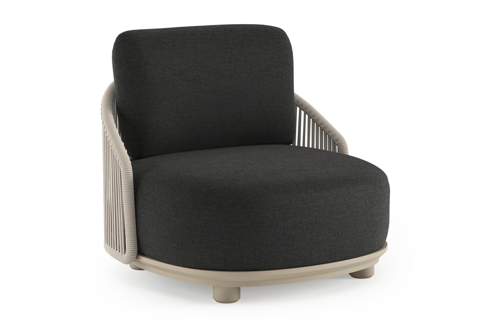 Vadelo loungestoel in beige aluminium en beige verticaal geweven ronde rope met chartres sooty all weather sunbrella® luxe kussen