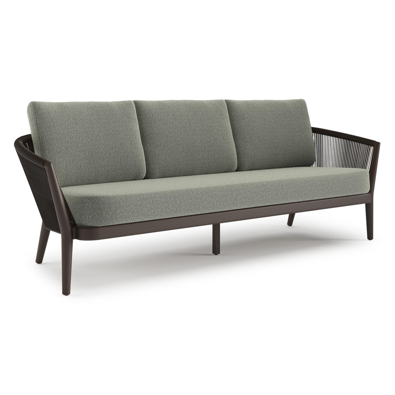 Orso loungebank in donkerbruin aluminium en donkerbruin verticaal geweven ronde rope met Savane Leaf all weather sunbrella® luxe kussen