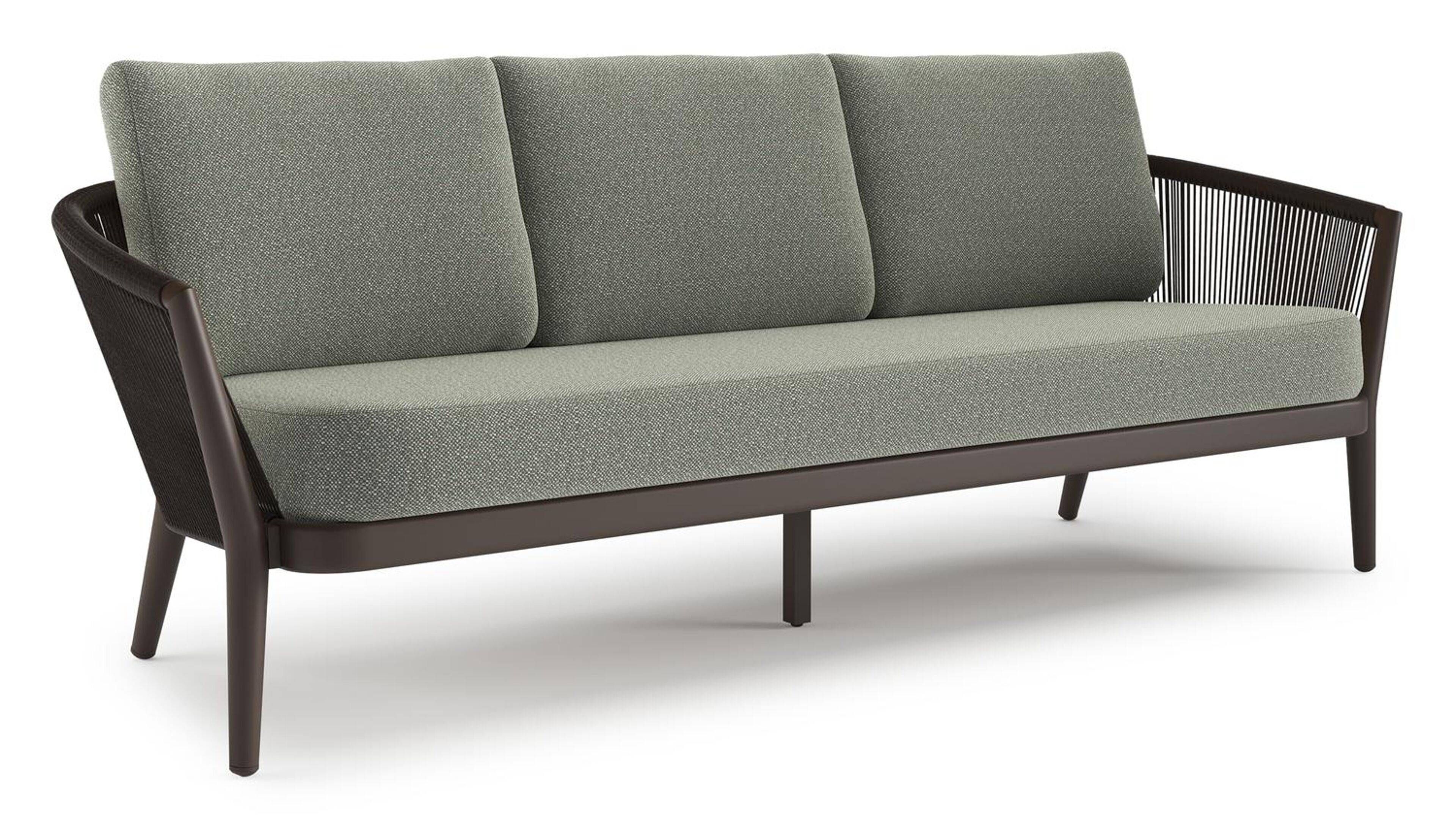 Orso loungebank in donkerbruin aluminium en donkerbruin verticaal geweven ronde rope met Savane Leaf all weather sunbrella® luxe kussen