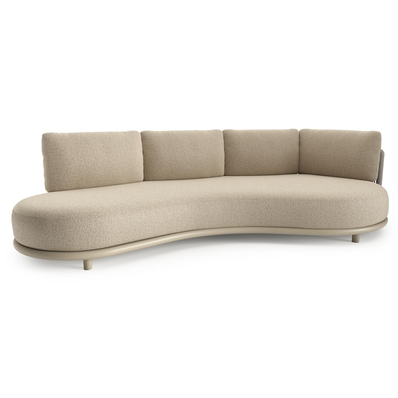 Lomano loungebank in beige aluminium en beige verticaal geweven luxe vlakke rope met bora forest all weather cosytica kussen