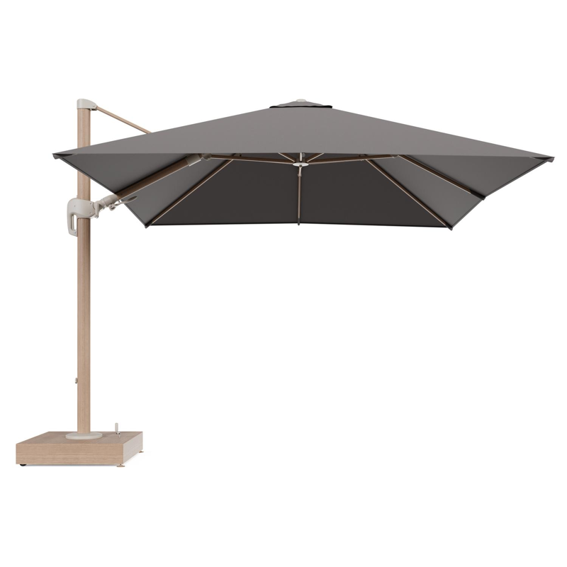 Rufina zweefparasol met tiltfunctie in houtlook aluminium en Natte Nature Grey All Weather Sunbrella® Luxe parasoldoek - L1 300 x L2 300 cm met parasolvoet Minore 150 kg met wielen