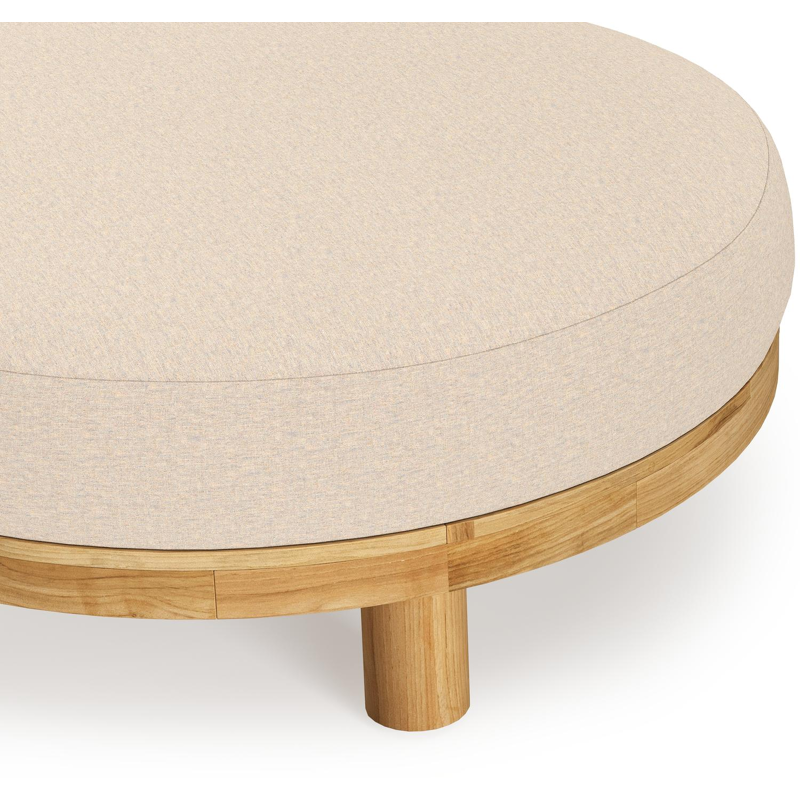 Donato lounge poef in teak en beige verticaal geweven ronde rope met all weather sunbrella® luxe Heritage Papyrus kussen