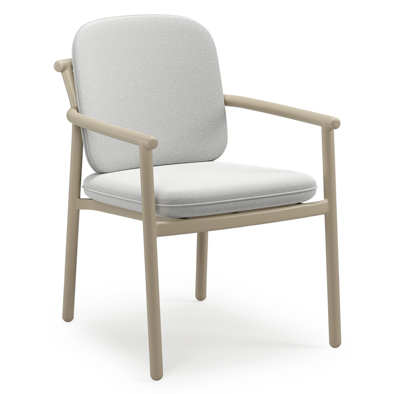 Bono stapelbare tuinstoel in beige aluminium met stoelkussen in All Weather Sunbrella® Luxe Natte Grey Chine