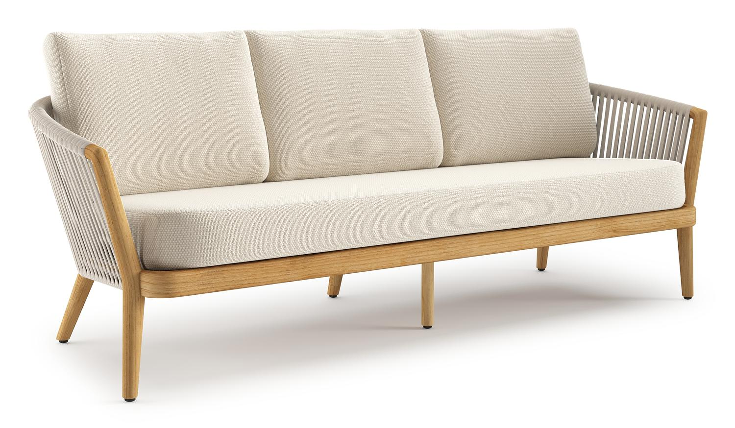 Orso loungebank in teak en beige verticaal geweven luxe vlakke rope met Althea Off White all weather cosytica kussen