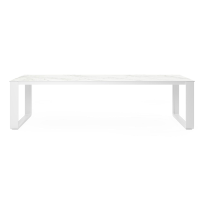 Table de jardin Atessa en aluminium blanc et céramique pleine calacatta - Lg 280 x Larg, 110 x H 75 cm