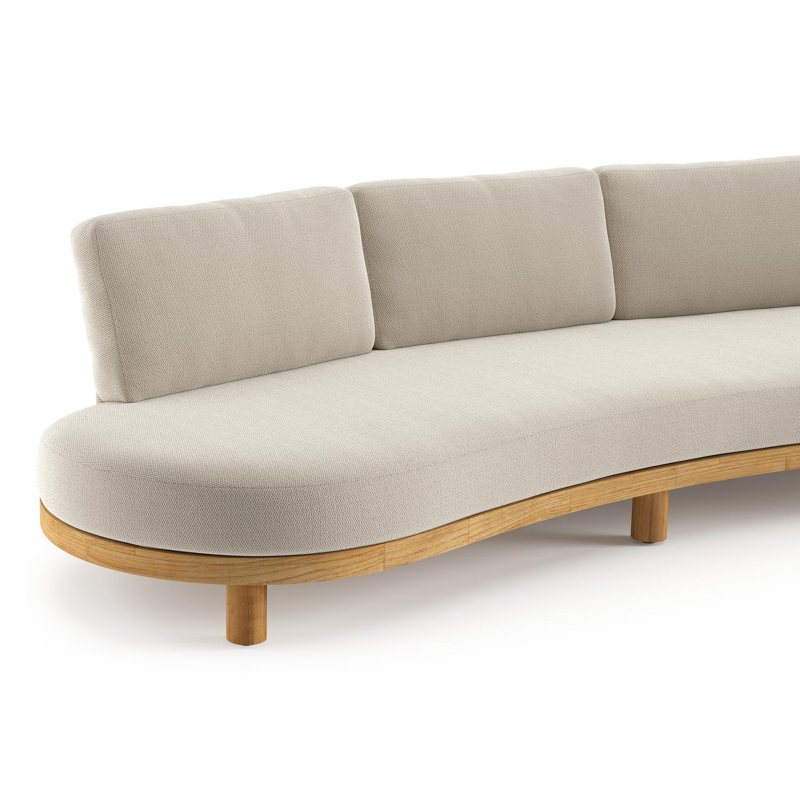 Donato loungebank in teak en beige verticaal geweven ronde rope met all weather sunbrella® luxe Lopi Marble kussen