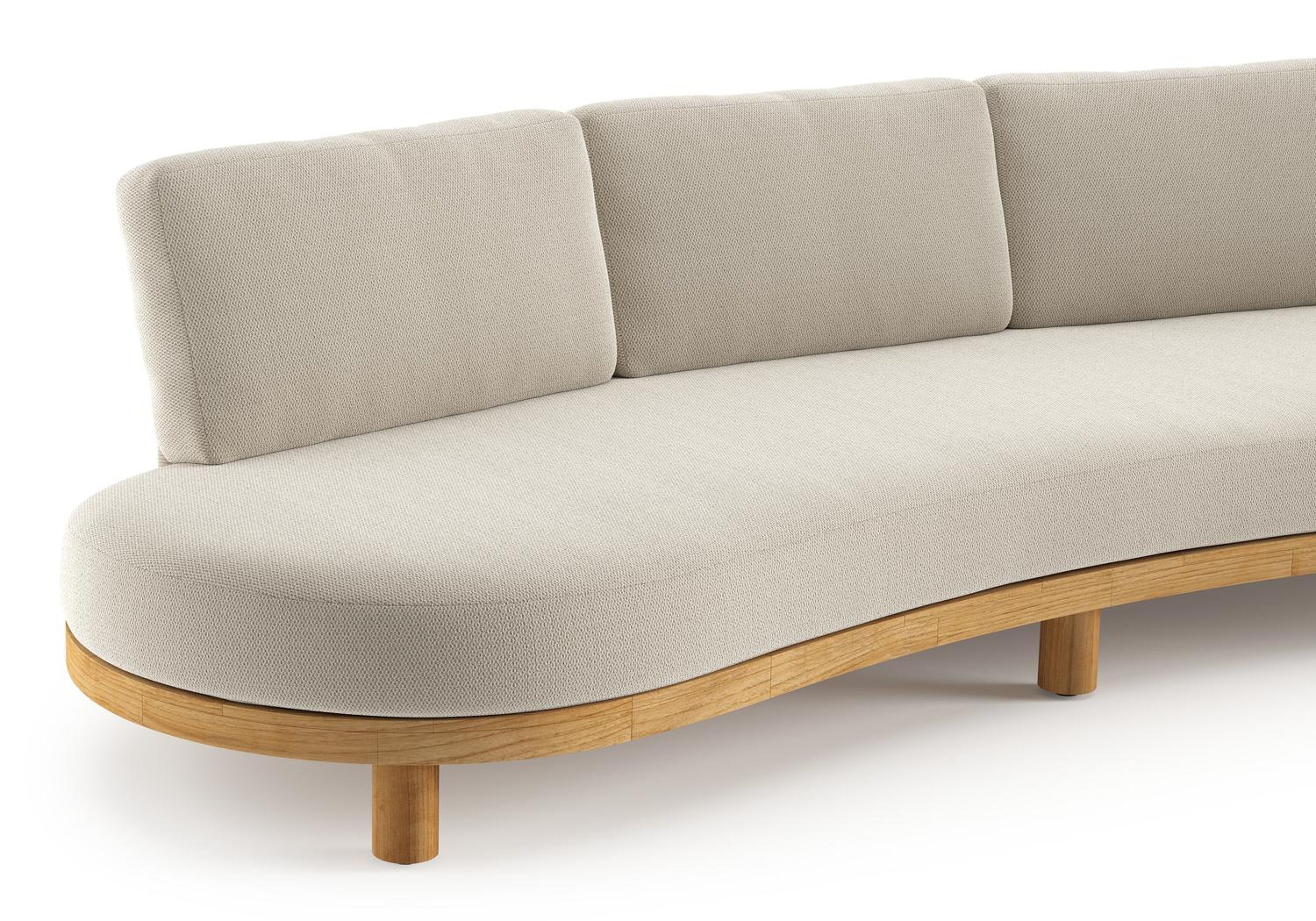 Donato loungebank in teak en beige verticaal geweven ronde rope met all weather sunbrella® luxe Lopi Marble kussen