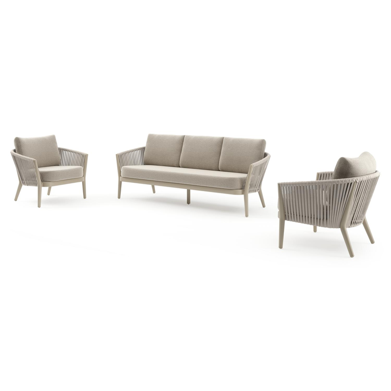 Orso loungeset in beige aluminium en beige verticaal geweven luxe vlakke rope met Catania Sand All Weather Cosytica kussen