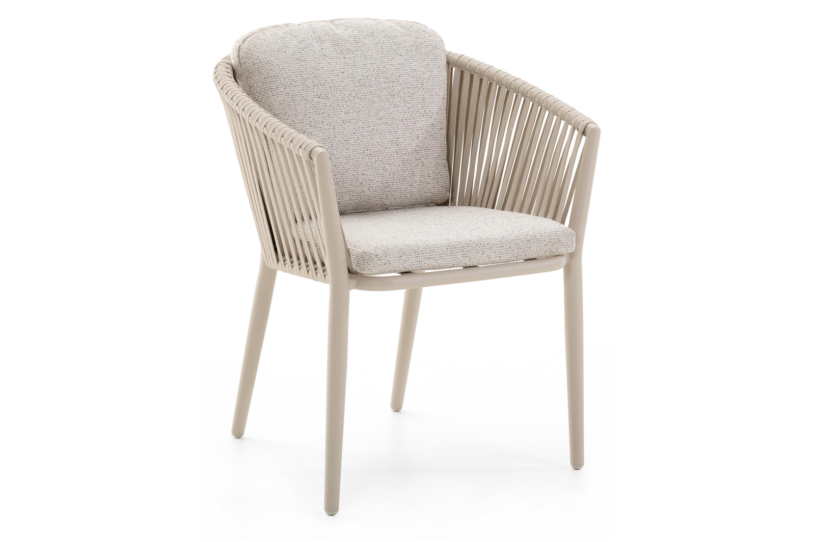 Orso tuinstoel in beige aluminium en verticaal geweven vlakke rope beige met All Weahter Solica FIrenze Natural kussen