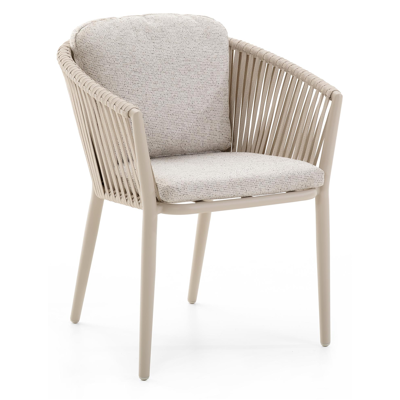 Orso tuinstoel in beige aluminium en verticaal geweven vlakke rope beige met All Weahter Solica FIrenze Natural kussen