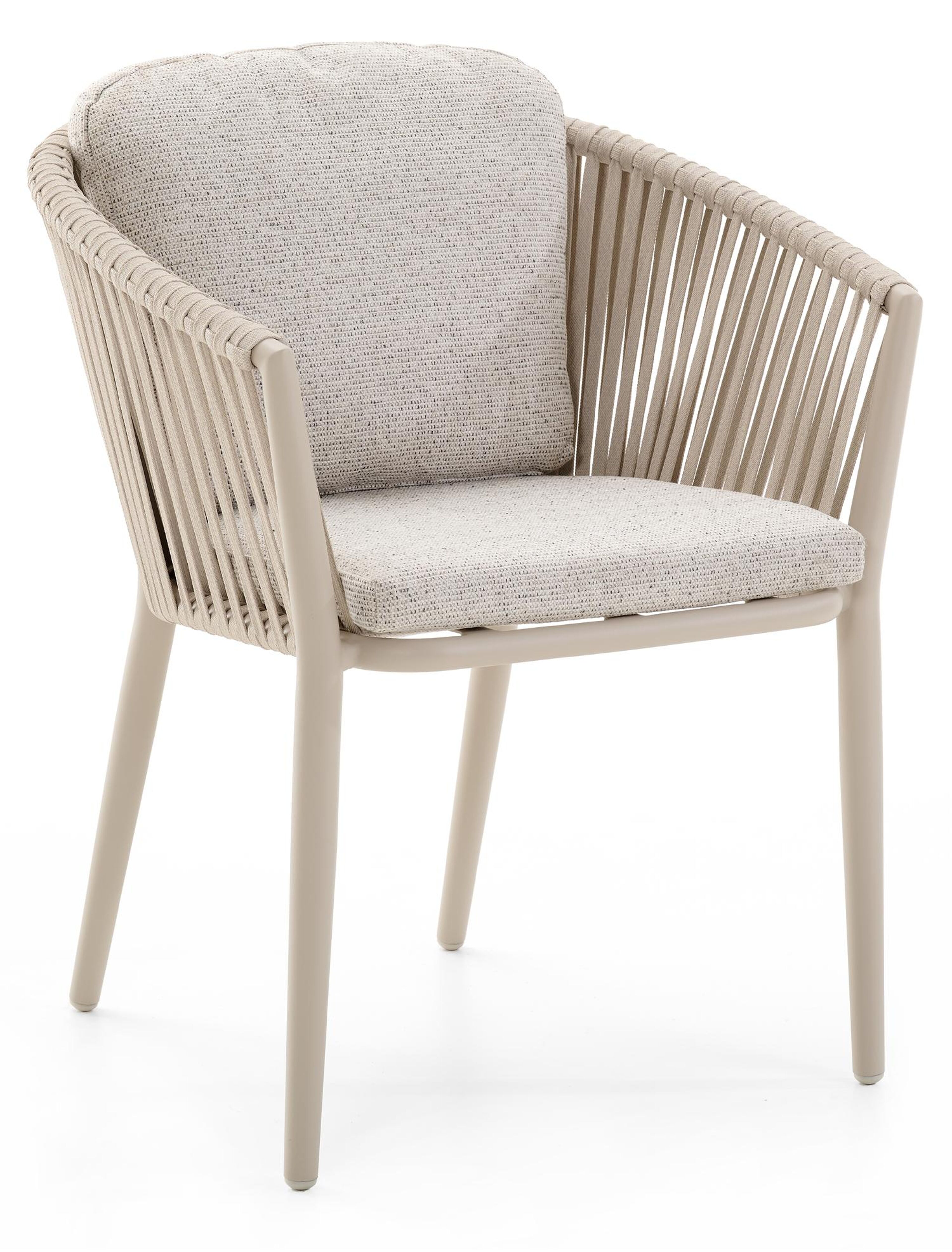Orso tuinstoel in beige aluminium en verticaal geweven vlakke rope beige met All Weahter Solica FIrenze Natural kussen