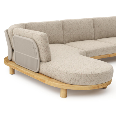 Donato loungehoek in teak en beige verticaal geweven ronde rope met all weather cosytica Bora Jungle kussen