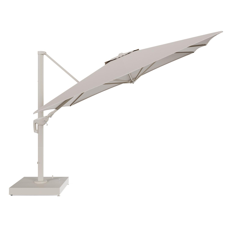 Minore zweefparasol met tiltfunctie in beige aluminium en Heritage Ash All Weather Sunbrella® Luxe parasoldoek - L1: 350 x L2: 350 cm met parasolvoet Minore 260 kg met wielen