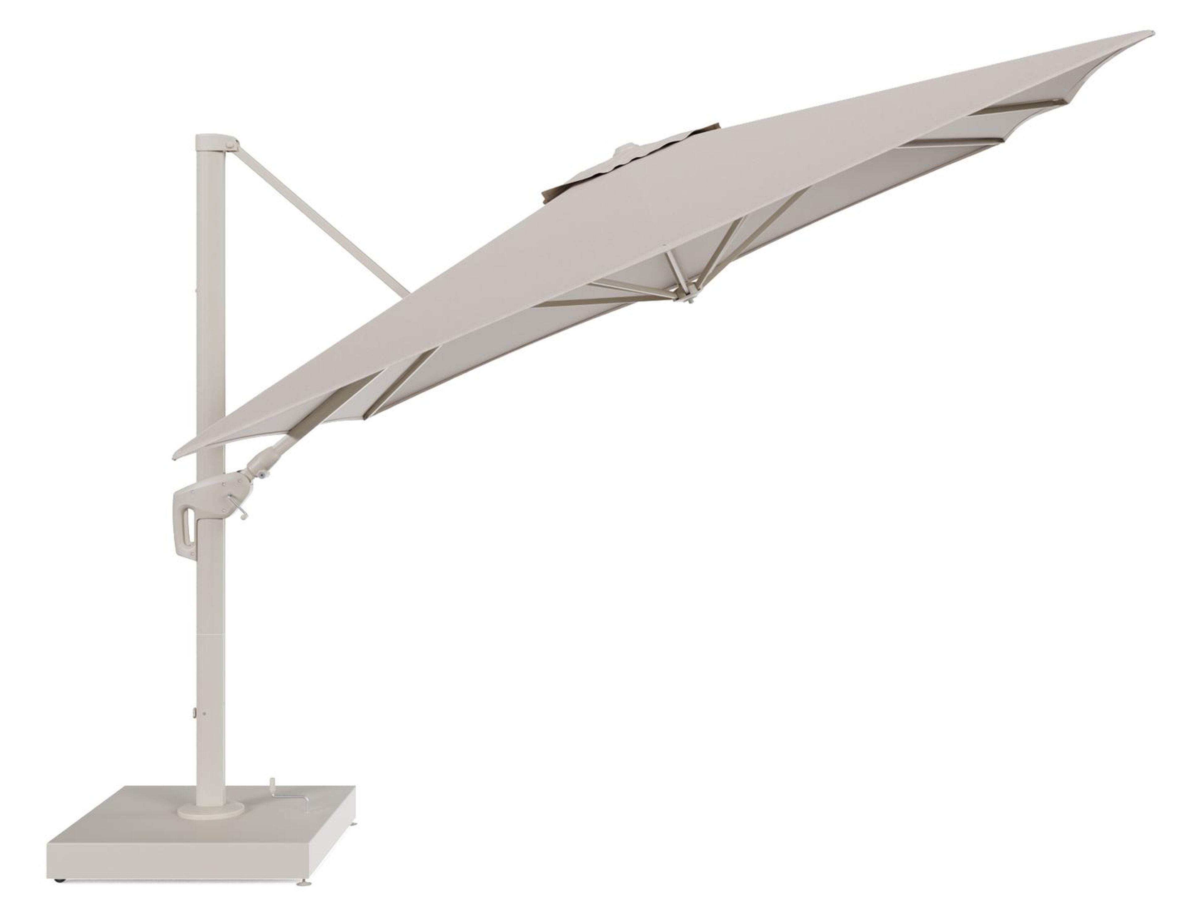 Minore zweefparasol met tiltfunctie in beige aluminium en Heritage Ash All Weather Sunbrella® Luxe parasoldoek - L1: 350 x L2: 350 cm met parasolvoet Minore 260 kg met wielen