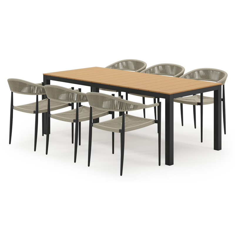 Ensemble de jardin Toma en aluminium noir et polywood avec 6 chaises de jardin empilable Guarda