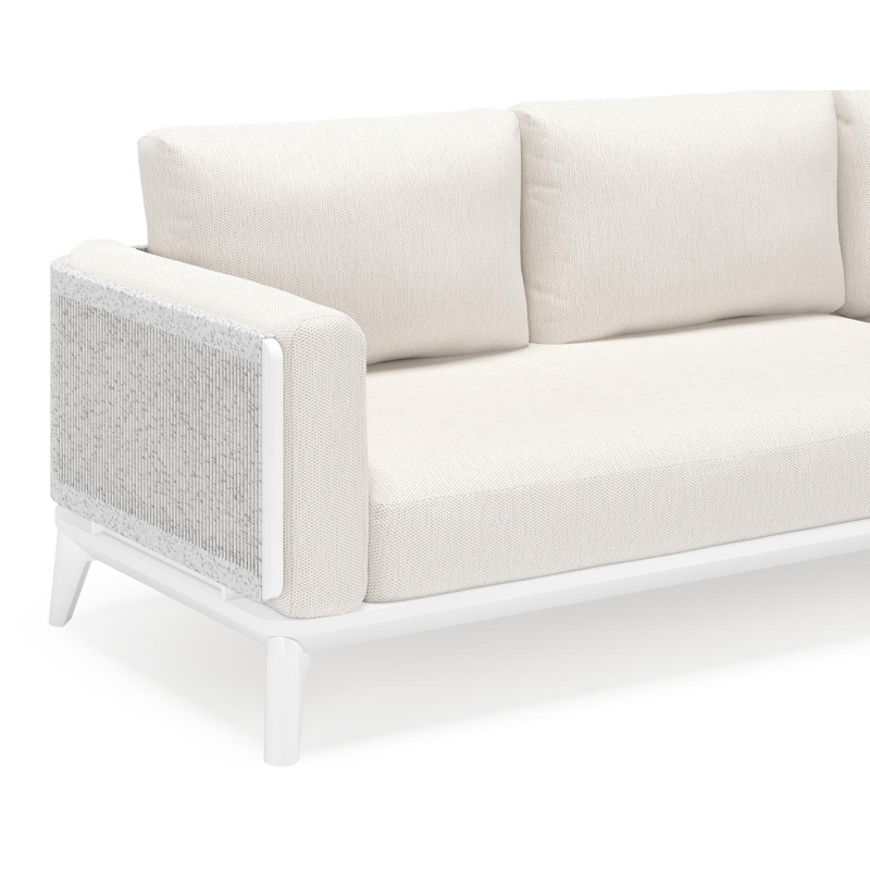 Mosa loungehoek in wit aluminium en wit-grijs gedraaide ronde wicker met sand weather+ softtouch kussens en loungetafel