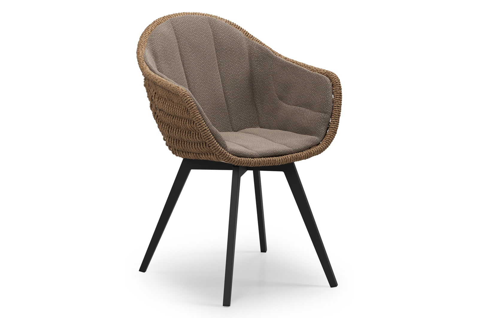 Pagino tuinstoel in zwart aluminium en zwart wicker met kussen in lopi coconut all weather sunbrella® luxe