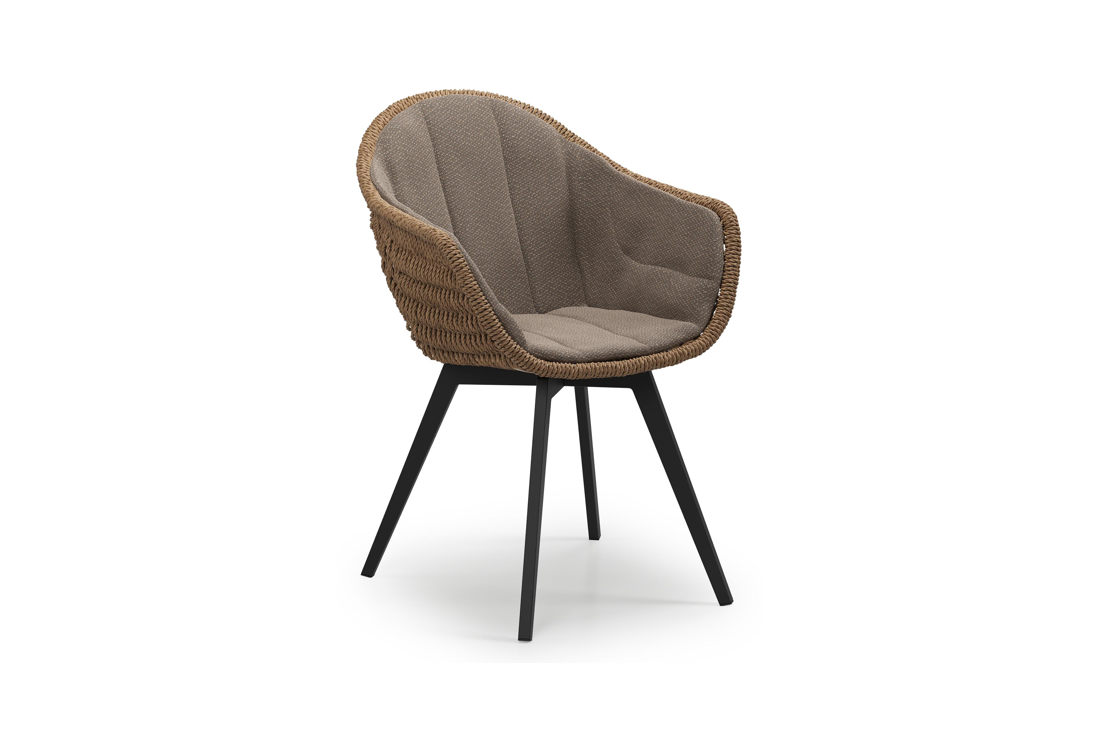 Pagino tuinstoel in zwart aluminium en zwart wicker met kussen in lopi coconut all weather sunbrella® luxe