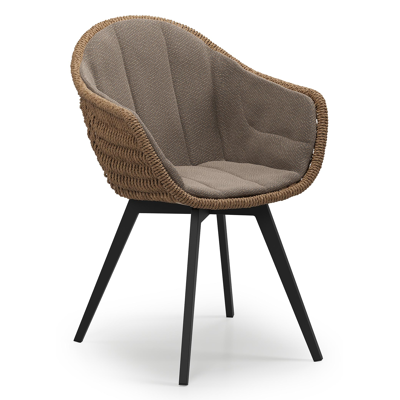 Pagino tuinstoel in zwart aluminium en zwart wicker met kussen in lopi coconut all weather sunbrella® luxe