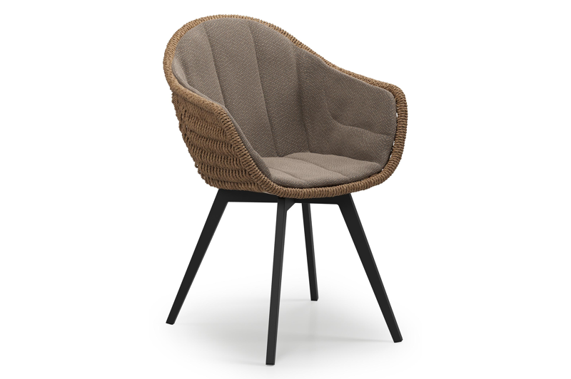 Pagino tuinstoel in zwart aluminium en zwart wicker met kussen in lopi coconut all weather sunbrella® luxe