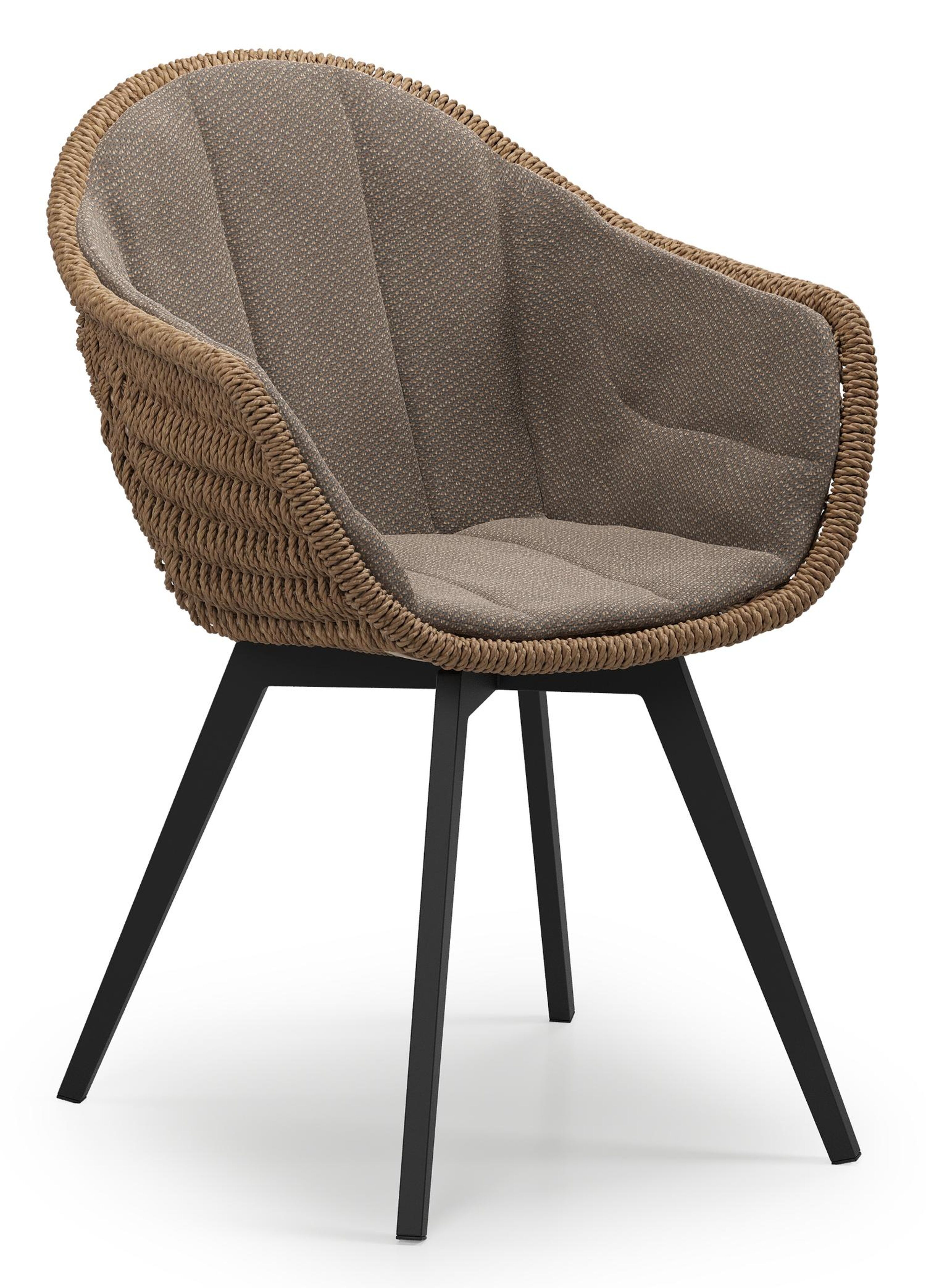 Pagino tuinstoel in zwart aluminium en zwart wicker met kussen in lopi coconut all weather sunbrella® luxe