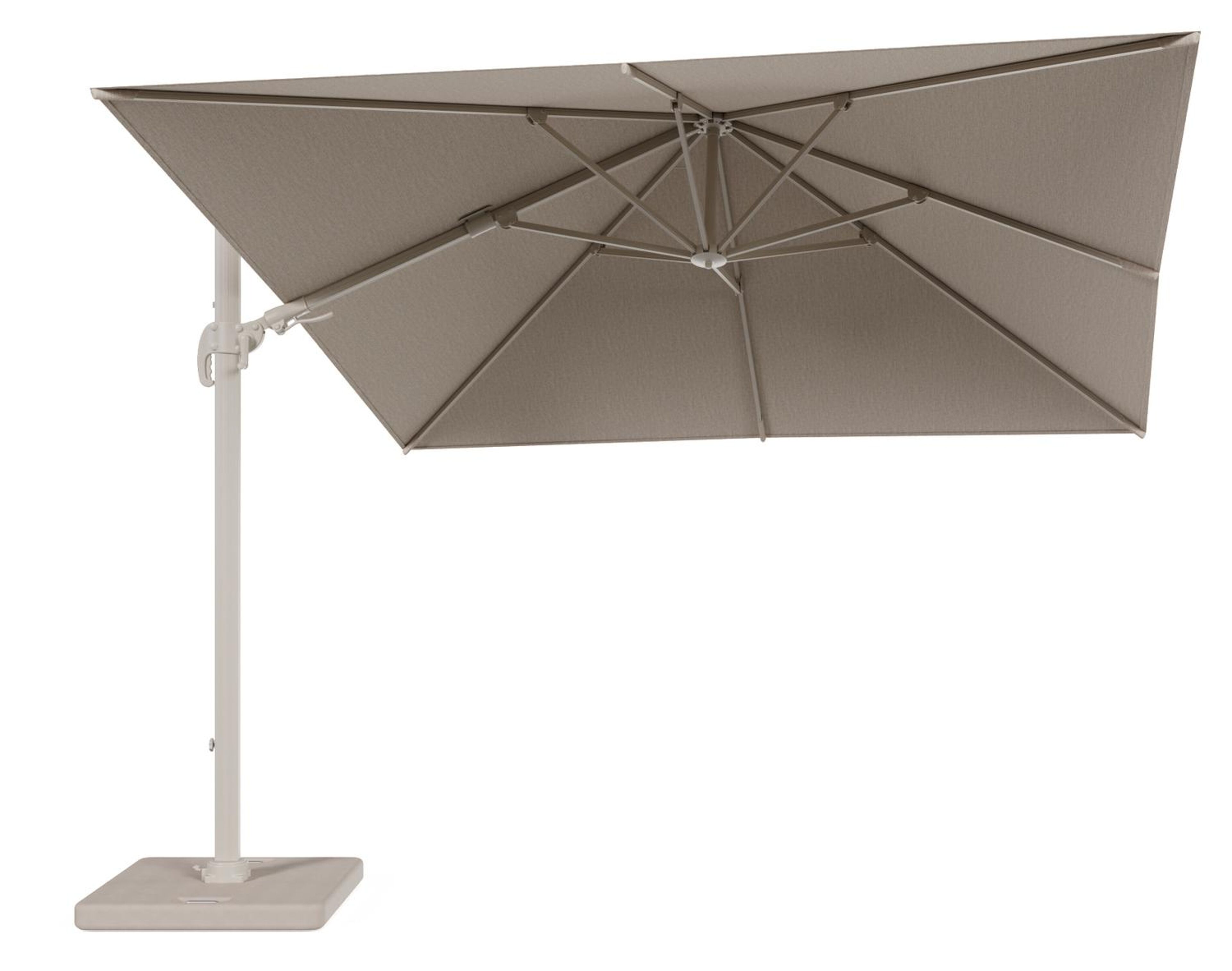 Avola zweefparasol met tiltfunctie in beige aluminium en rustic Weather+ Softtouch parasoldoek - L1 300 x L2 300 cm met parasolvoet Pedito 120 kg