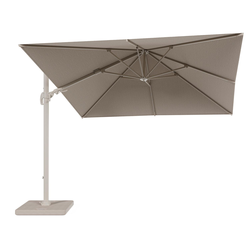 Avola zweefparasol met tiltfunctie in beige aluminium en rustic Weather+ Softtouch parasoldoek - L1 300 x L2 300 cm met parasolvoet Pedito 120 kg