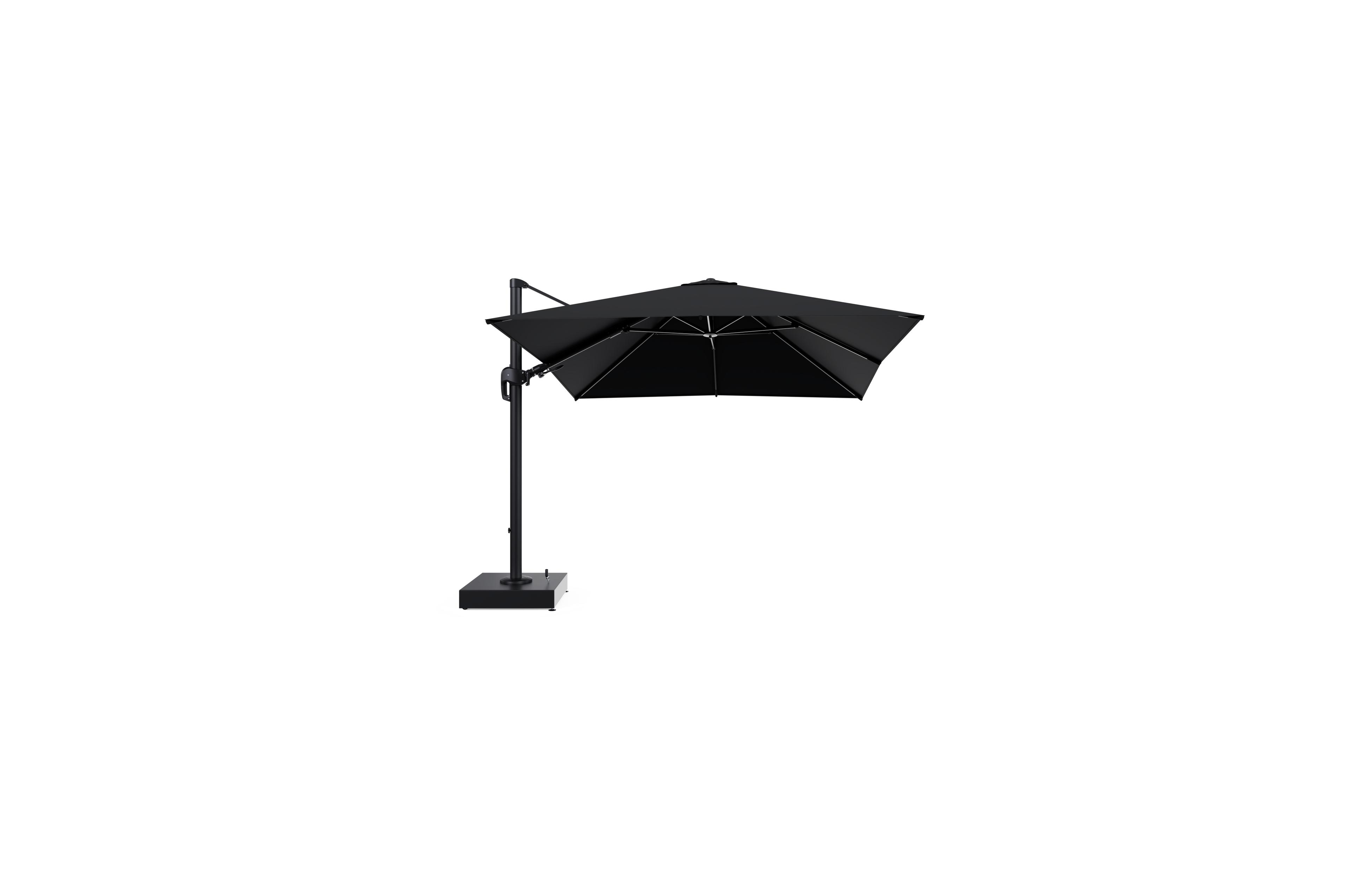 Parasol pendant Rufina avec fonction tilt en aluminium noir et toile de parasol All Weather Sunbrella® Premium noir - Lg.1 300 x Lg.2 300 cm avec pied de parasol Minore 150 kg avec roulettes