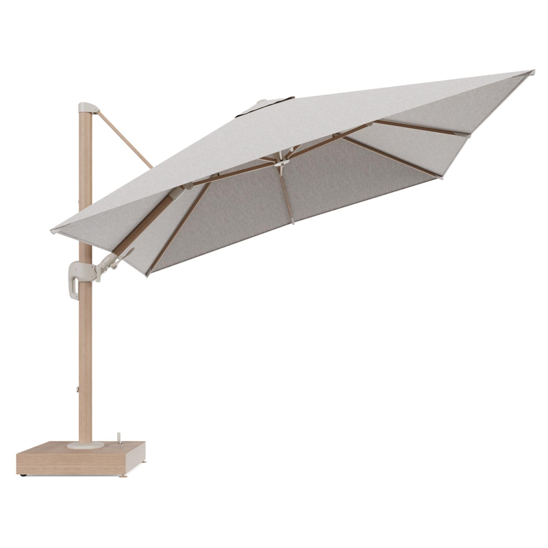 Rufina zweefparasol met tiltfunctie in houtlook aluminium en Tundra Sand All Weather Sunbrella® Luxe parasoldoek - L1 300 x L2 300 cm met parasolvoet Minore 150 kg met wielen