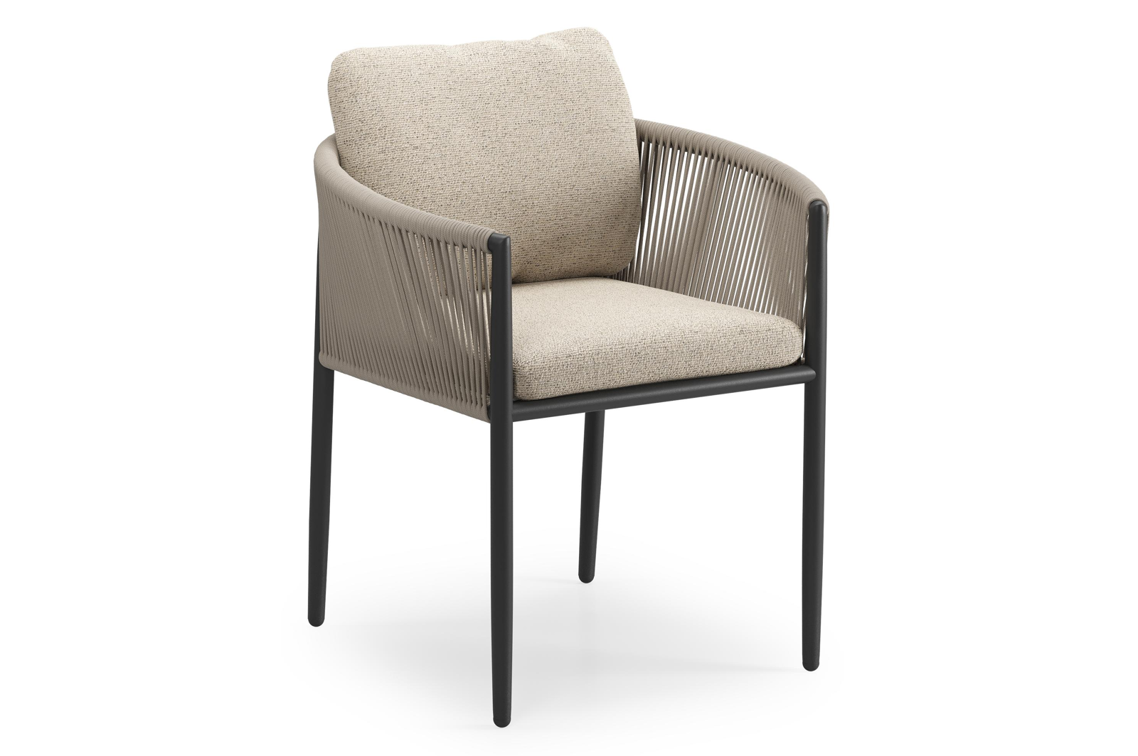 Organo tuinstoel in zwart aluminium en zwart verticaal geweven ronde rope met stoelkussen in All Weather Cosytica Marbella Beige