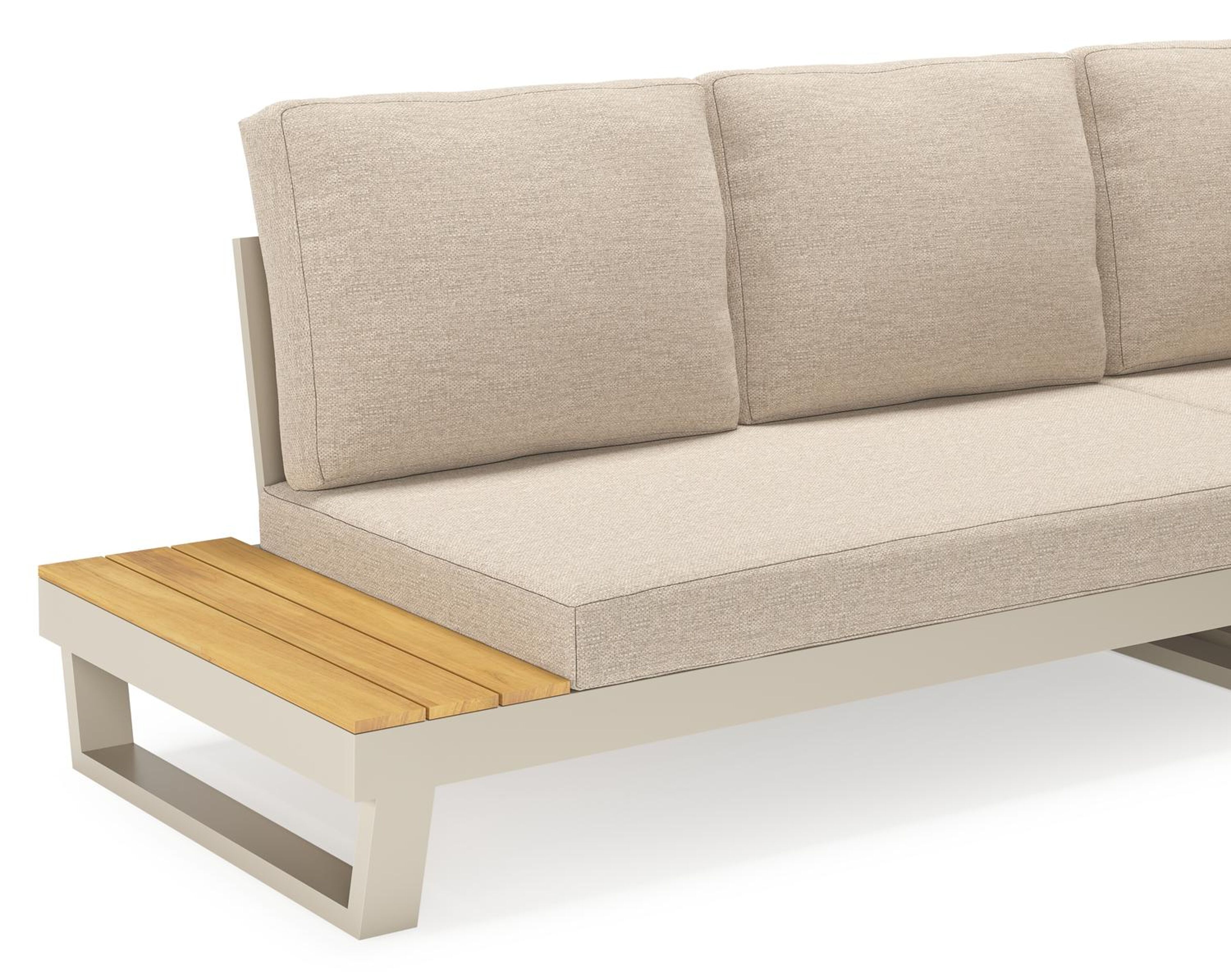 Salon de jardin d'angle Modica en aluminium beige et teck et coussins en weather+ softtouch rustic
