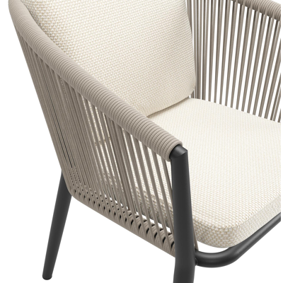 Orso tuinstoel in zwart aluminium en beige verticaal geweven ronde rope met luxe zitkussen in All Weather Cosytica Althea Off White