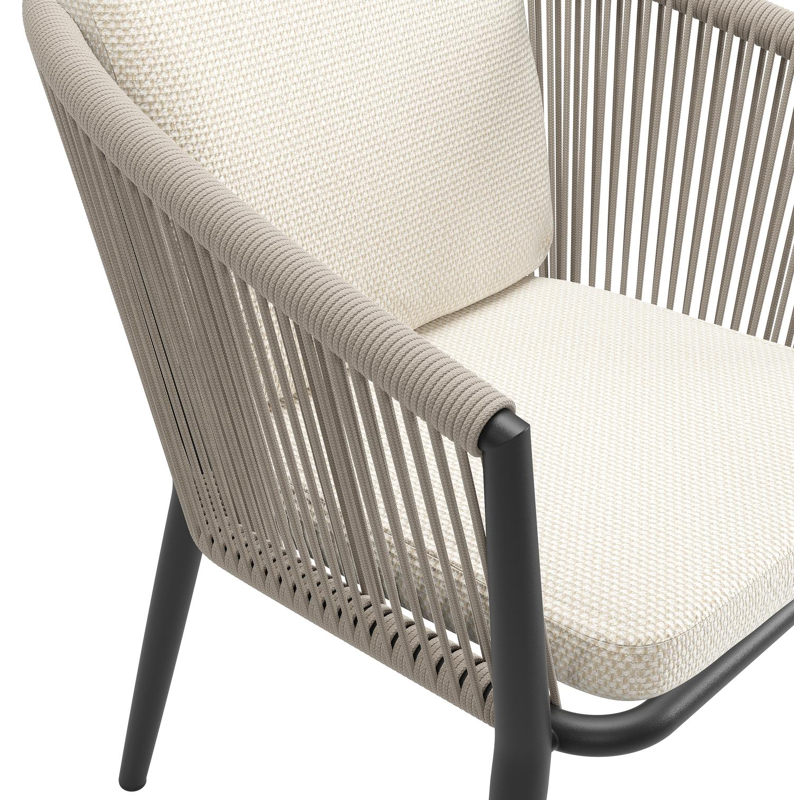 Orso tuinstoel in zwart aluminium en beige verticaal geweven ronde rope met luxe zitkussen in All Weather Cosytica Althea Off White