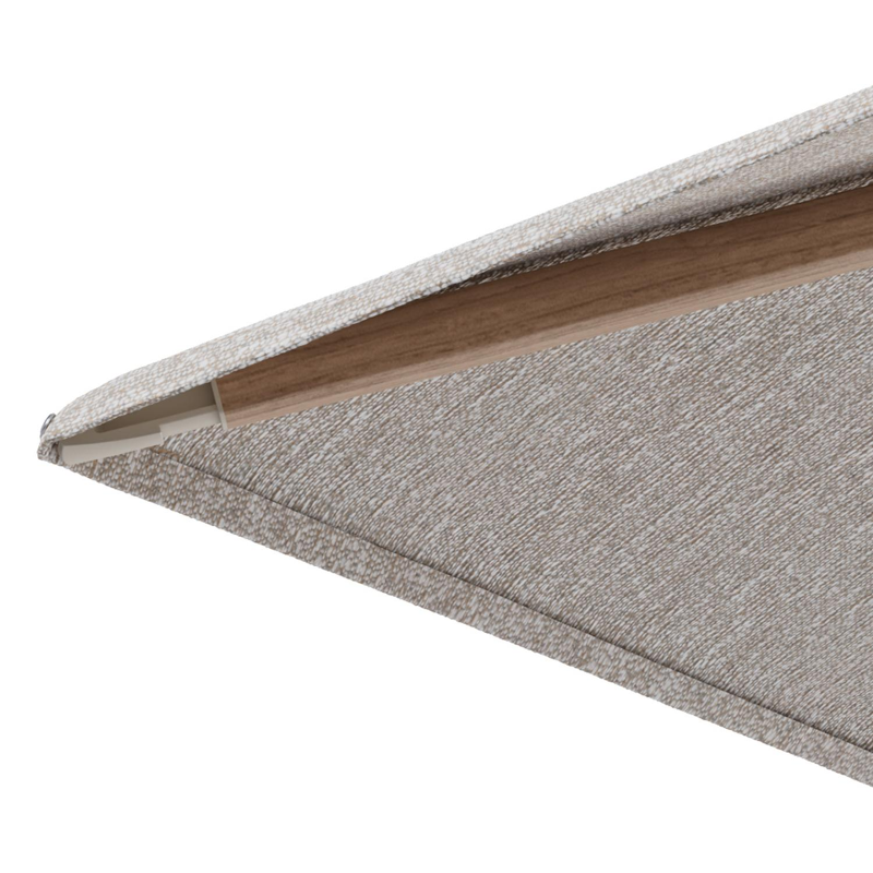 Minore zweefparasol met tiltfunctie in houtlook aluminium en Tundra Sand All Weather Sunbrella® Luxe parasoldoek - L1 280 x L2 370 cm met parasolvoet Minore 260 kg met wielen