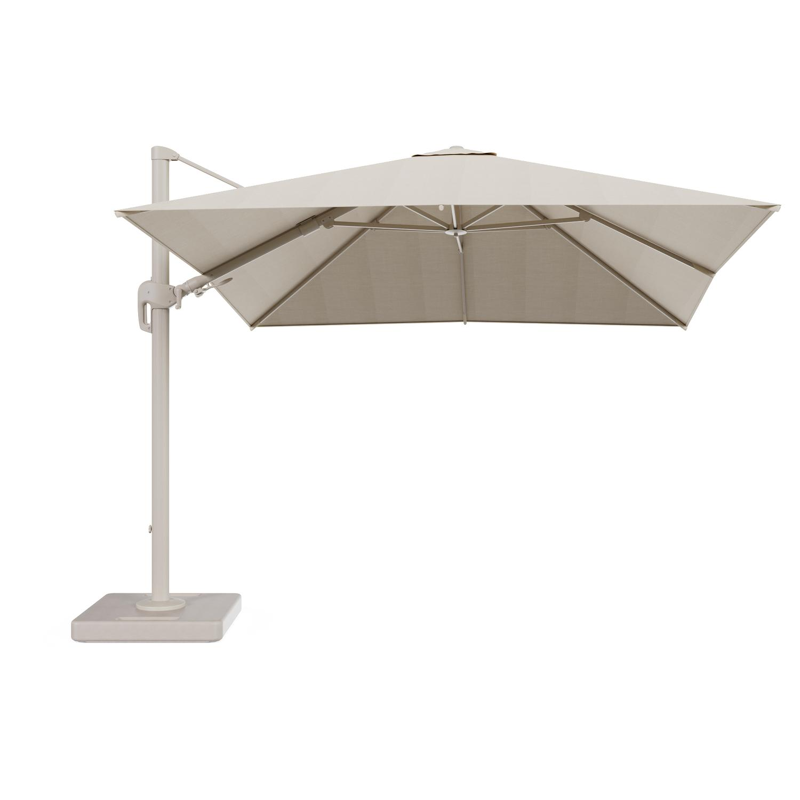 Rufina zweefparasol tiltfunctie in beige aluminium en parasoldoek in All Weather Sunbrella® Premium Beige - L1 300 x L2 300 cm met parasolvoet Lapido 160 kg